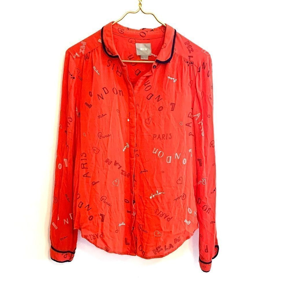 Anthro Maeve Red Button-Down Blouse with Black Trim